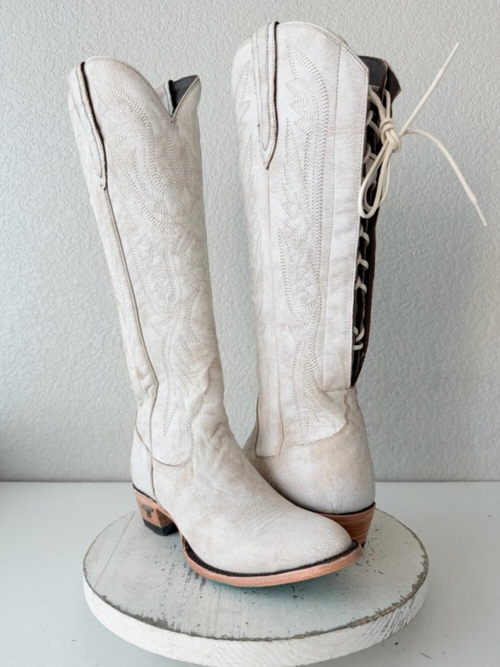 Lane MONICA Knee High White Cowboy Boots Womens 8.5 Western Cowgirl Lace Up Tall